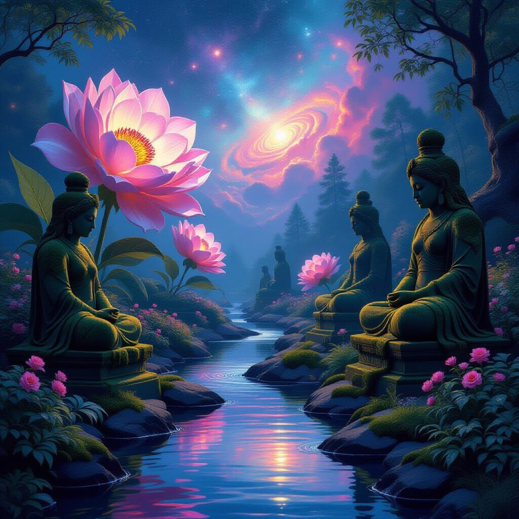 Bioluminescent Garden Under Nebula Sky