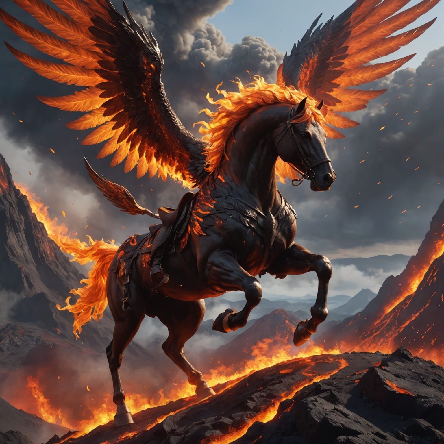 Majestic Fire Horse Emerges from Volcanic Abyss in Cyberpunk...
