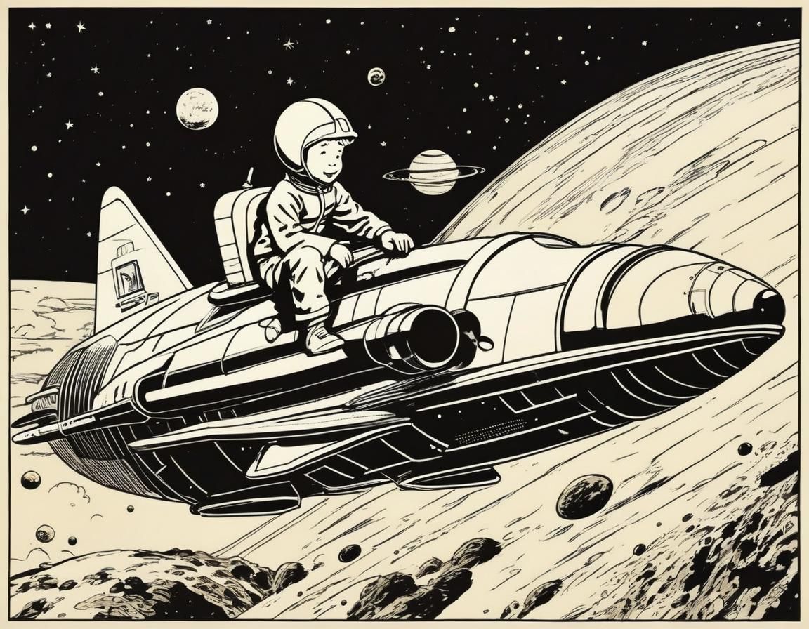 Boy Explores Futuristic Spacecraft in Retro Sci-Fi Style