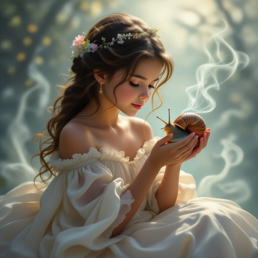 Girl with Snail in Dreamlike, Hyperdetailed Style
