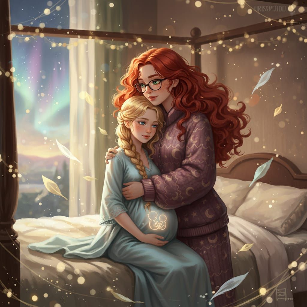 Cozy Morning Cuddles: Redhead Girl with Girlfriend