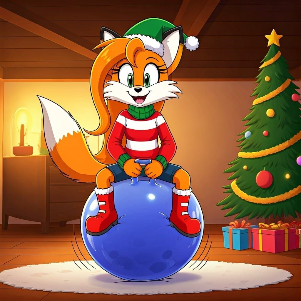 Vibrant Christmas Fox Bounces on a Space Hopper in a Whimsic...