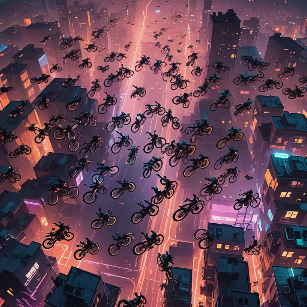 Flying Bikes in Vibrant Neon Sky