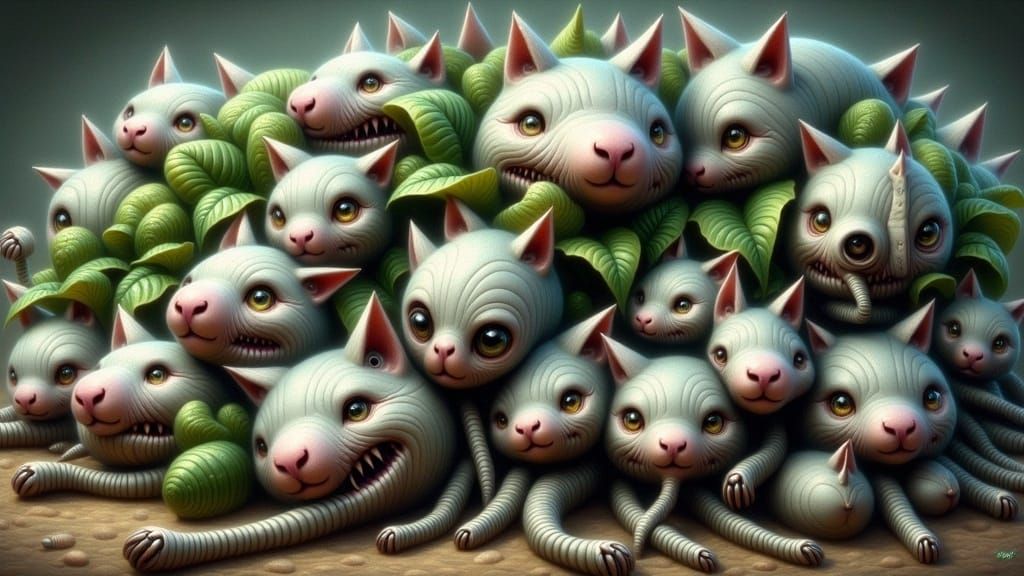 Grotesque Whimsical Houseplant Blooms Expressionist Cat Head...