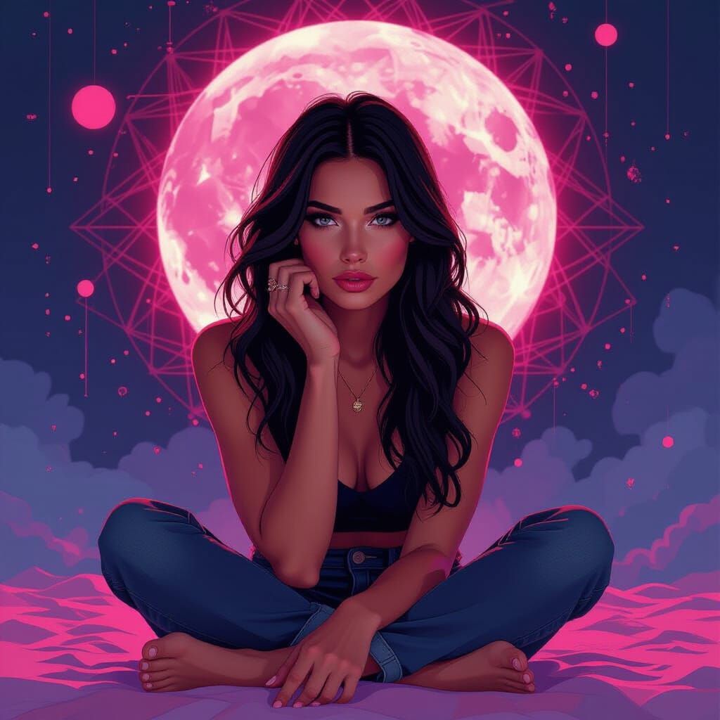 Introspective Woman in Surreal Geometric Vexel Art