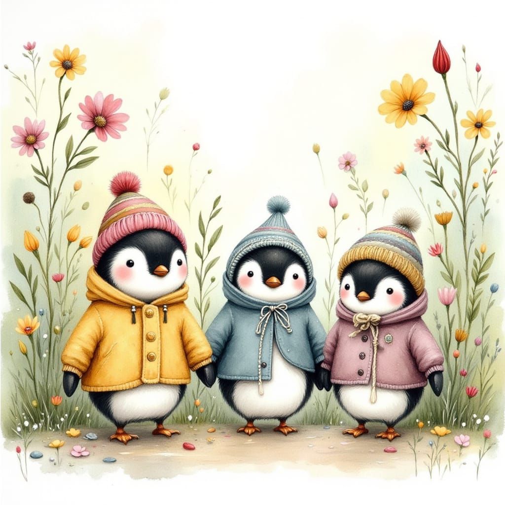 Three Penguins Enjoying Spring in Watercolour and Pencil Sty...