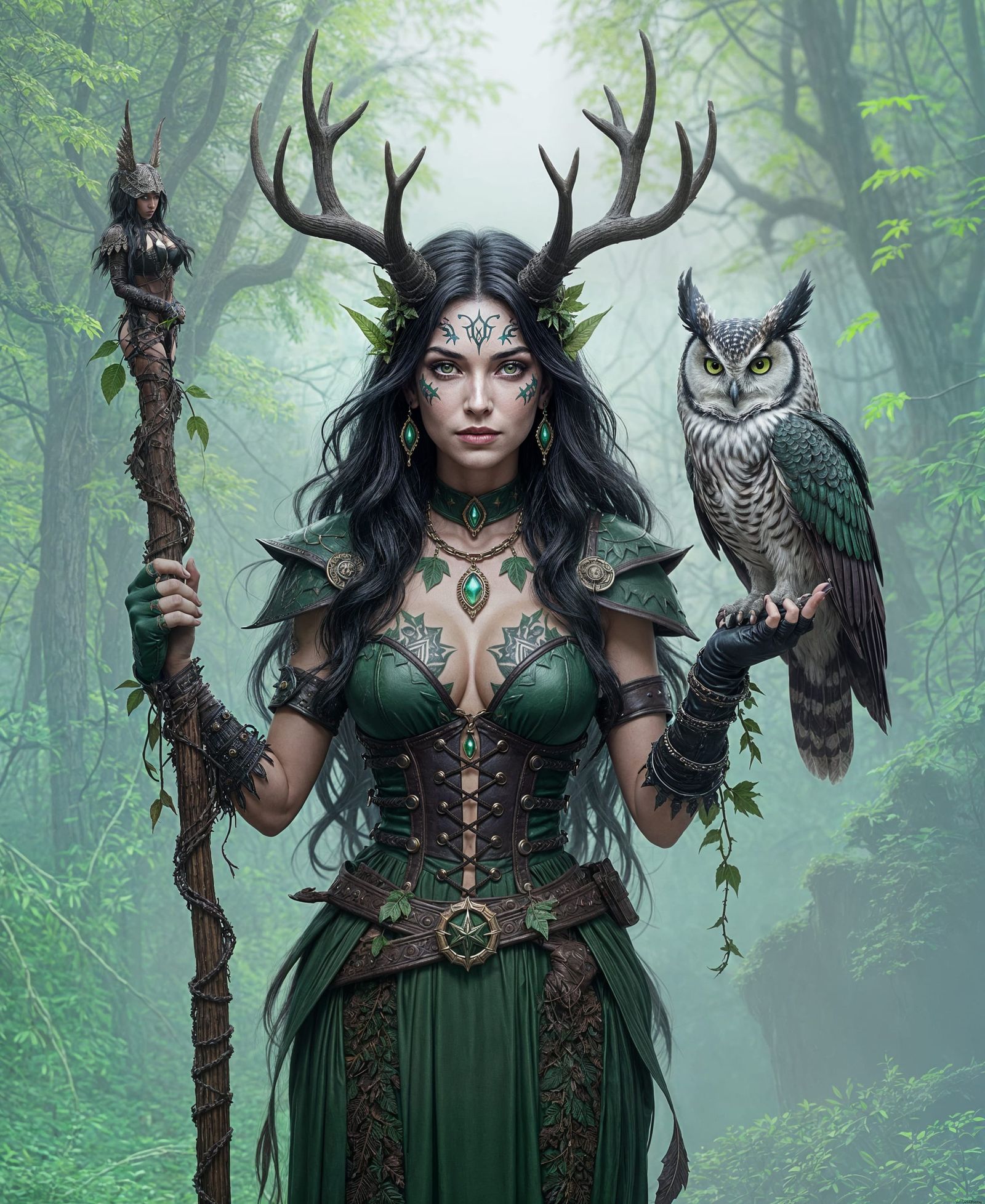 Moon Druid Woman With Antlers and Owl Familiar