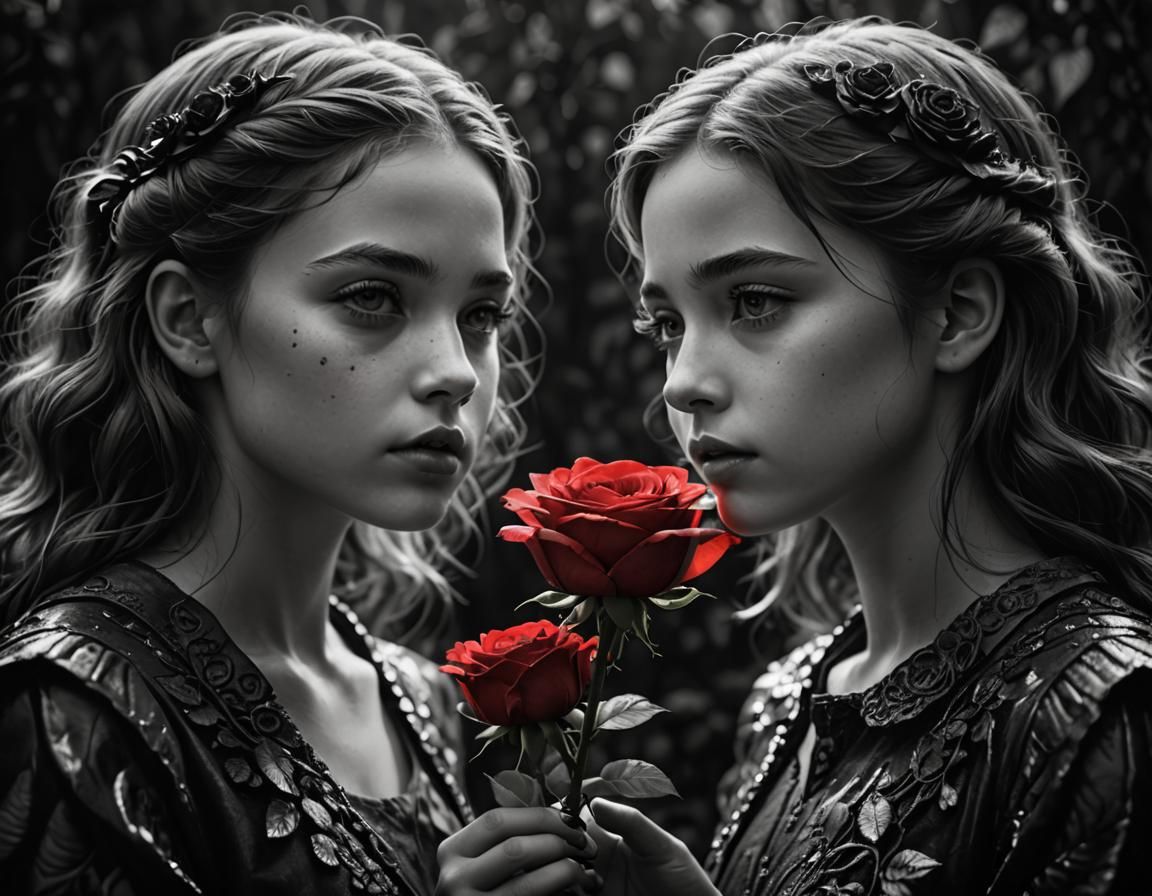 Sisters Share a Stunning Red Rose in a Cinematic Black and W...
