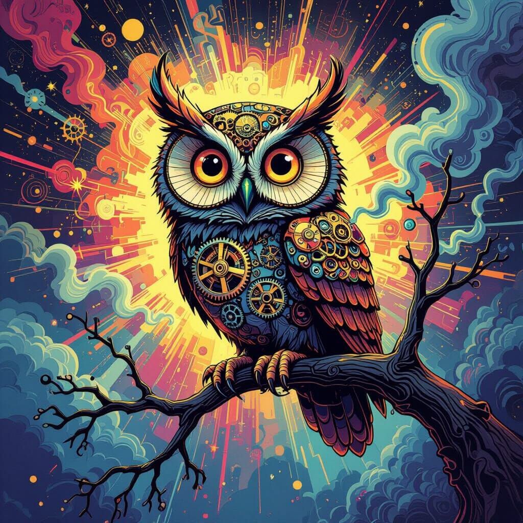 Whimsical Clockwork Owl on Smoke Branch