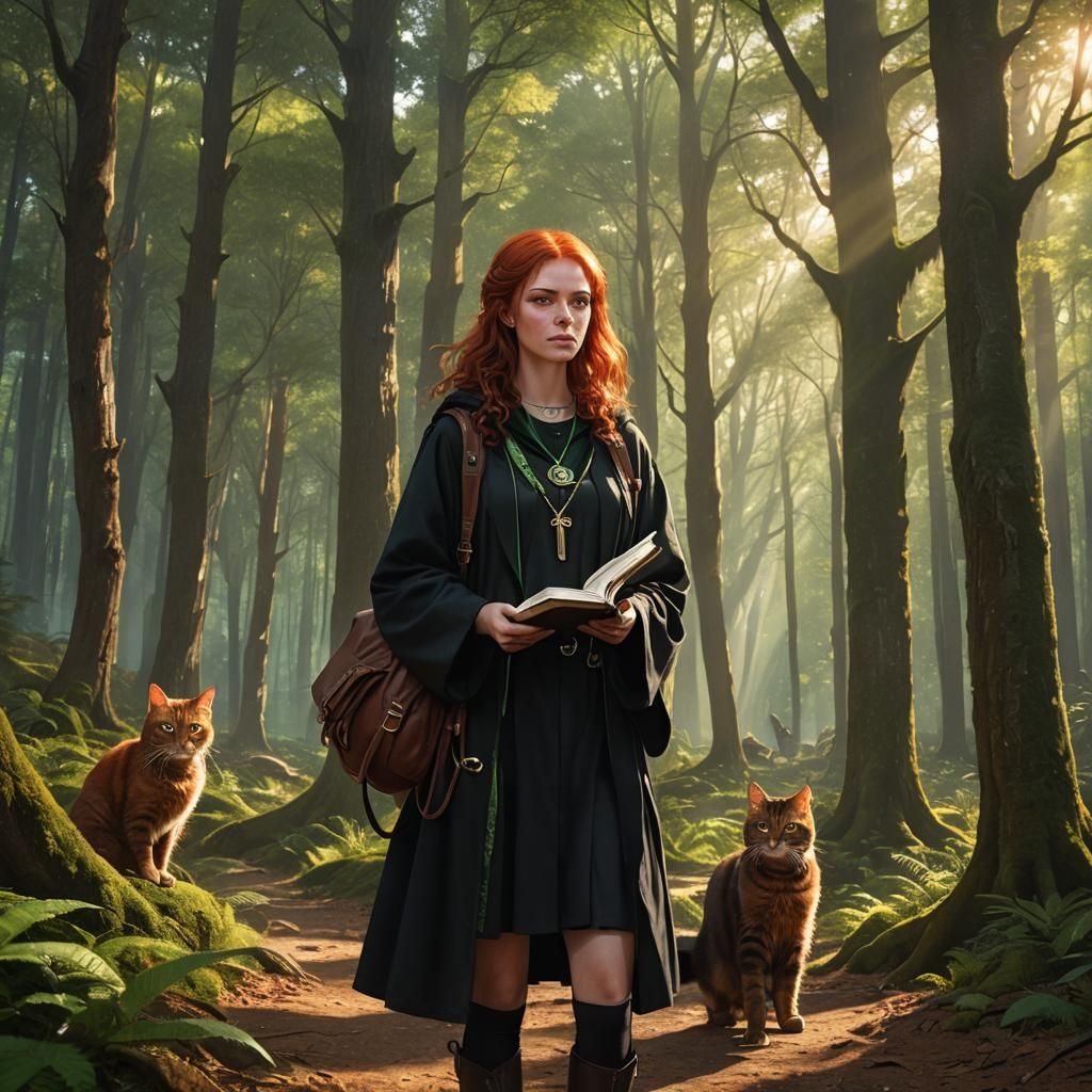 Mystical Forest Maiden with Cat in Greg Rutkowski-Inspired S...