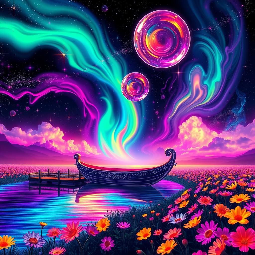 Vibrant Cosmic Fantasy in Neon Colors and Chiaroscuro