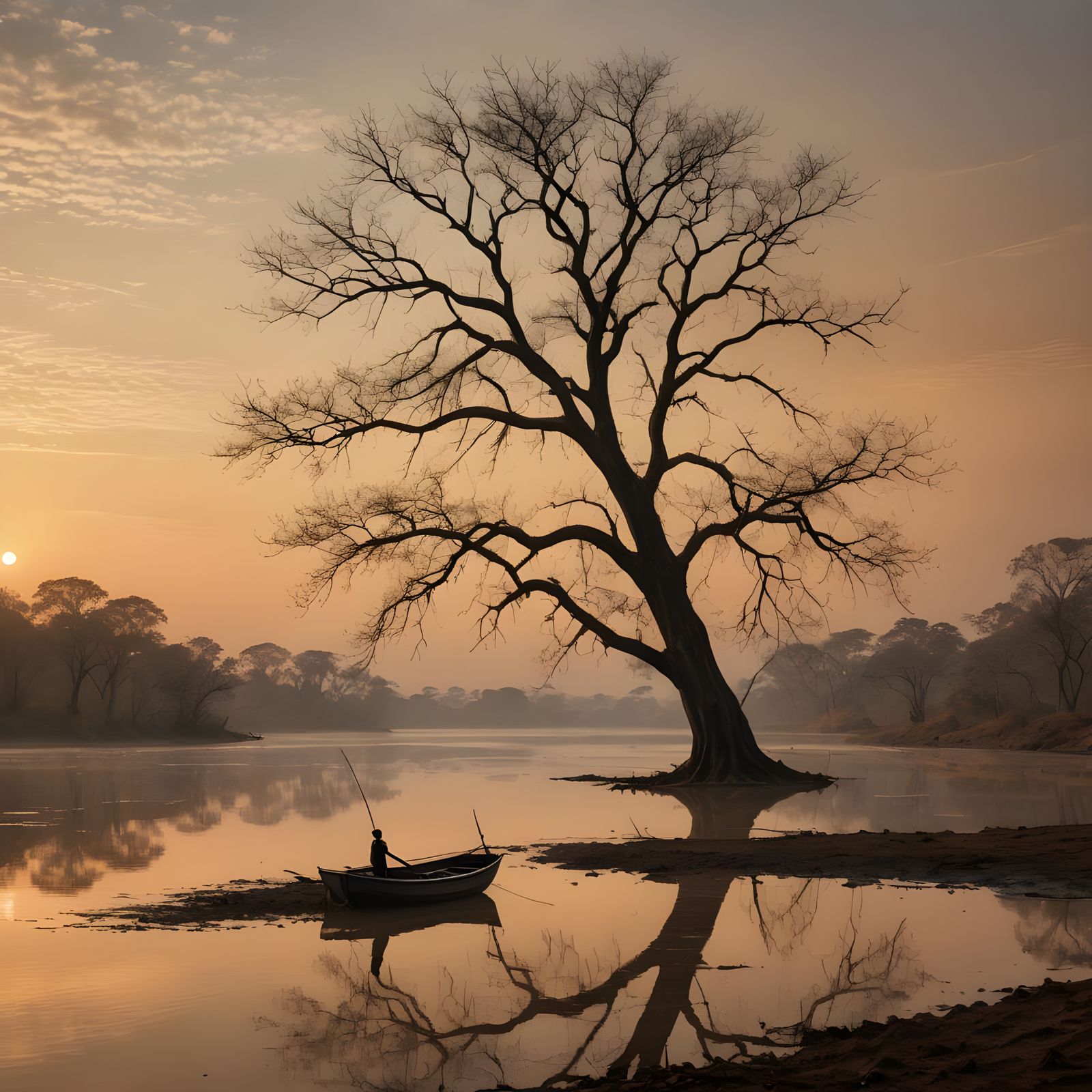 Hyperrealistic Orinoco River Scene with Lonely Tree