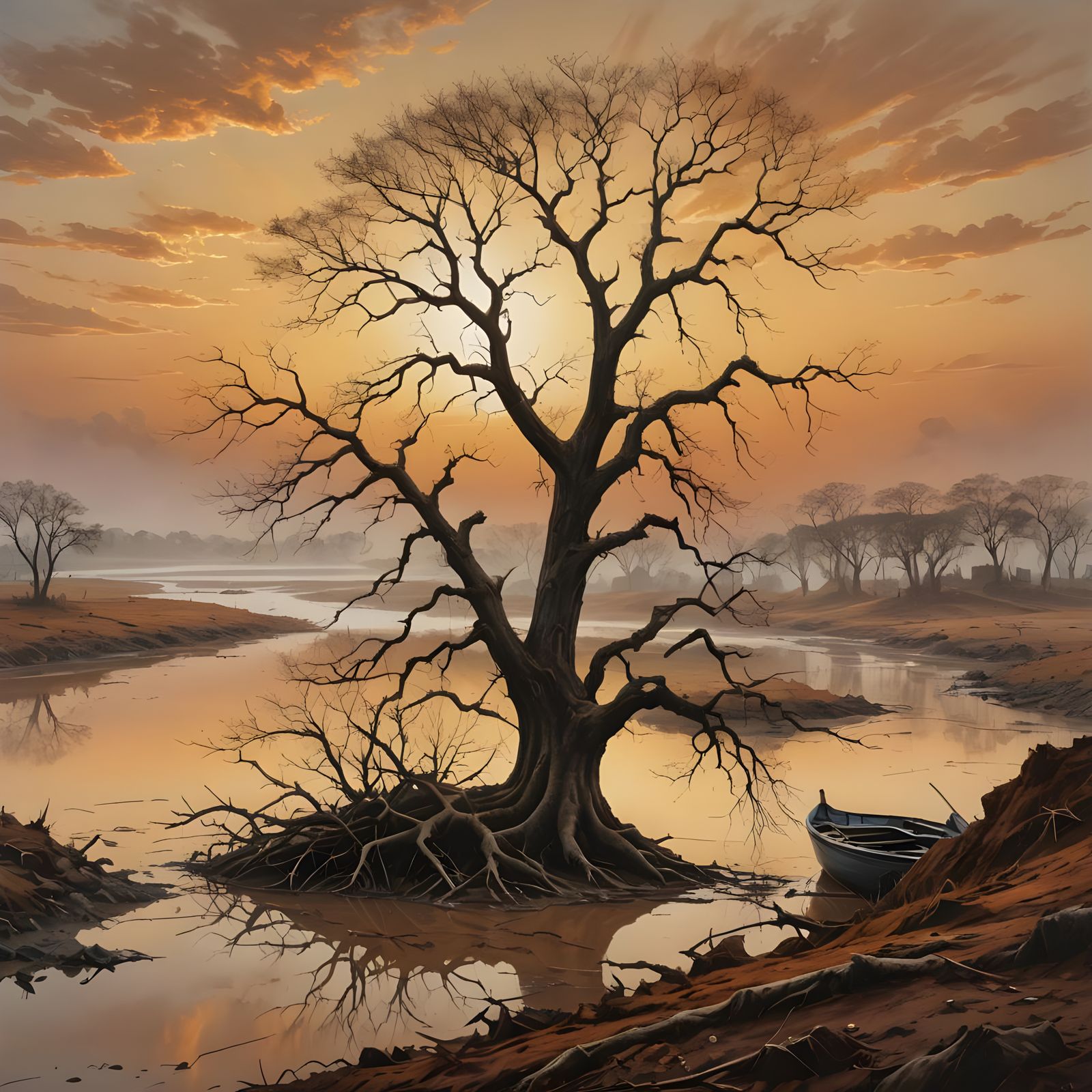 Lonely Tree on Orinoco River in Hyperrealistic Style