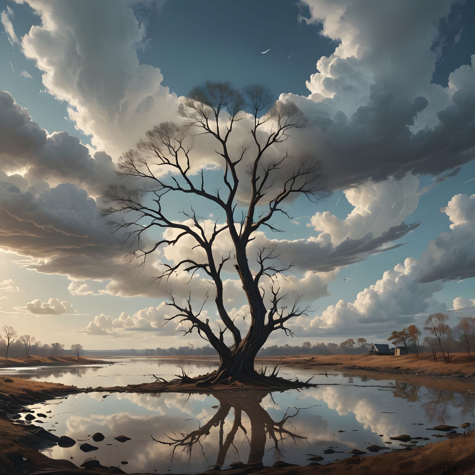 Lonely Tree on Orinoco River in Foggy Landscape