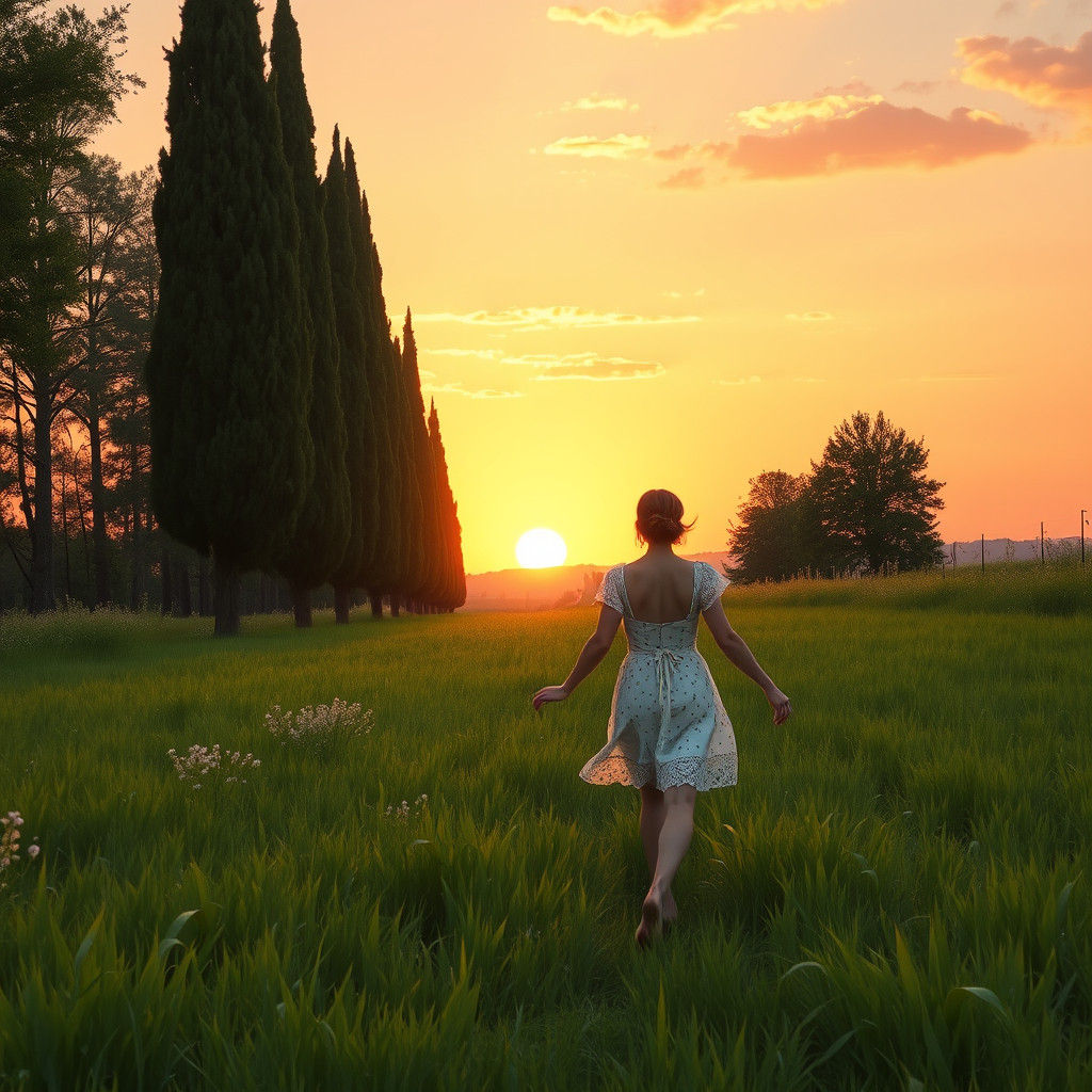 Serene Sunset Meadow Stroll in Impressionist Style