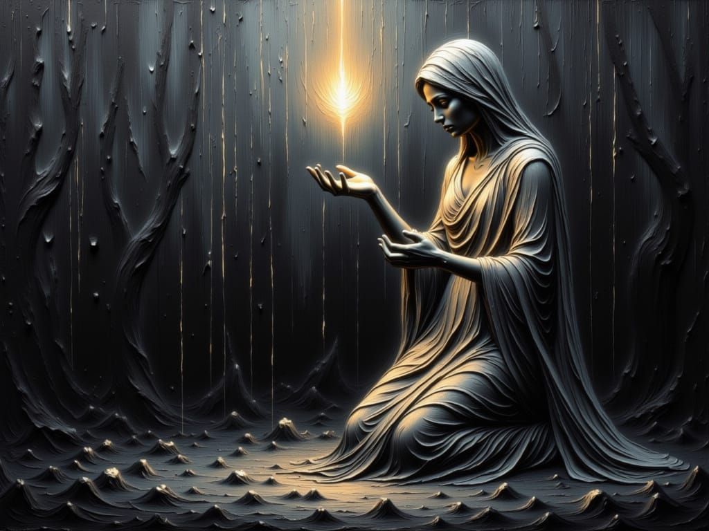 Solemn Statue Offers Ethereal Flame in Impasto Style