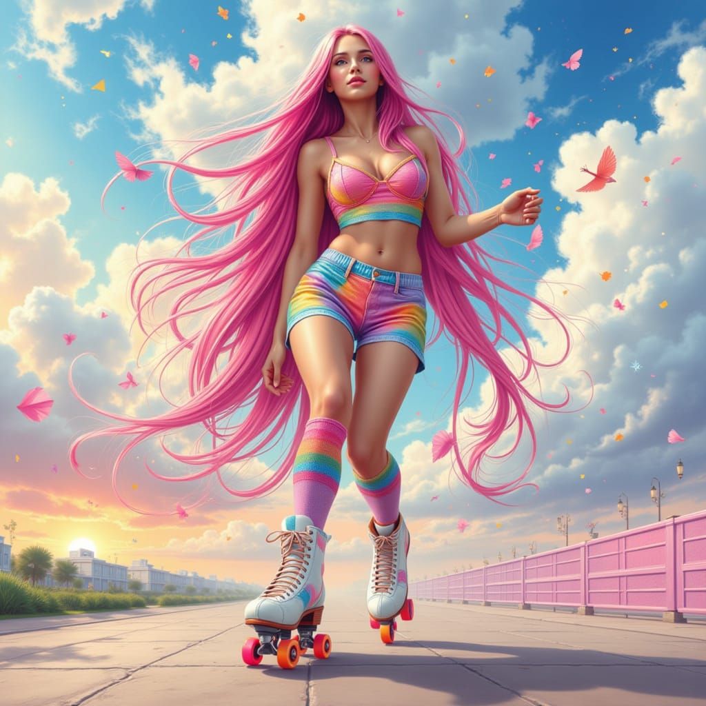 Woman with Pink Hair on Roller Skates in Photorealistic Styl...