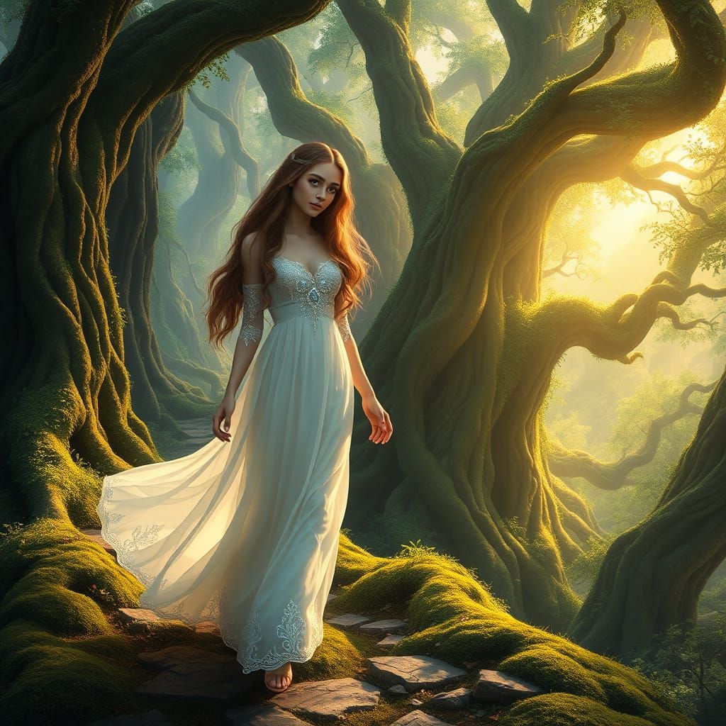 Ethereal Girl Walks Ancient Forest Path in Whimsical Art