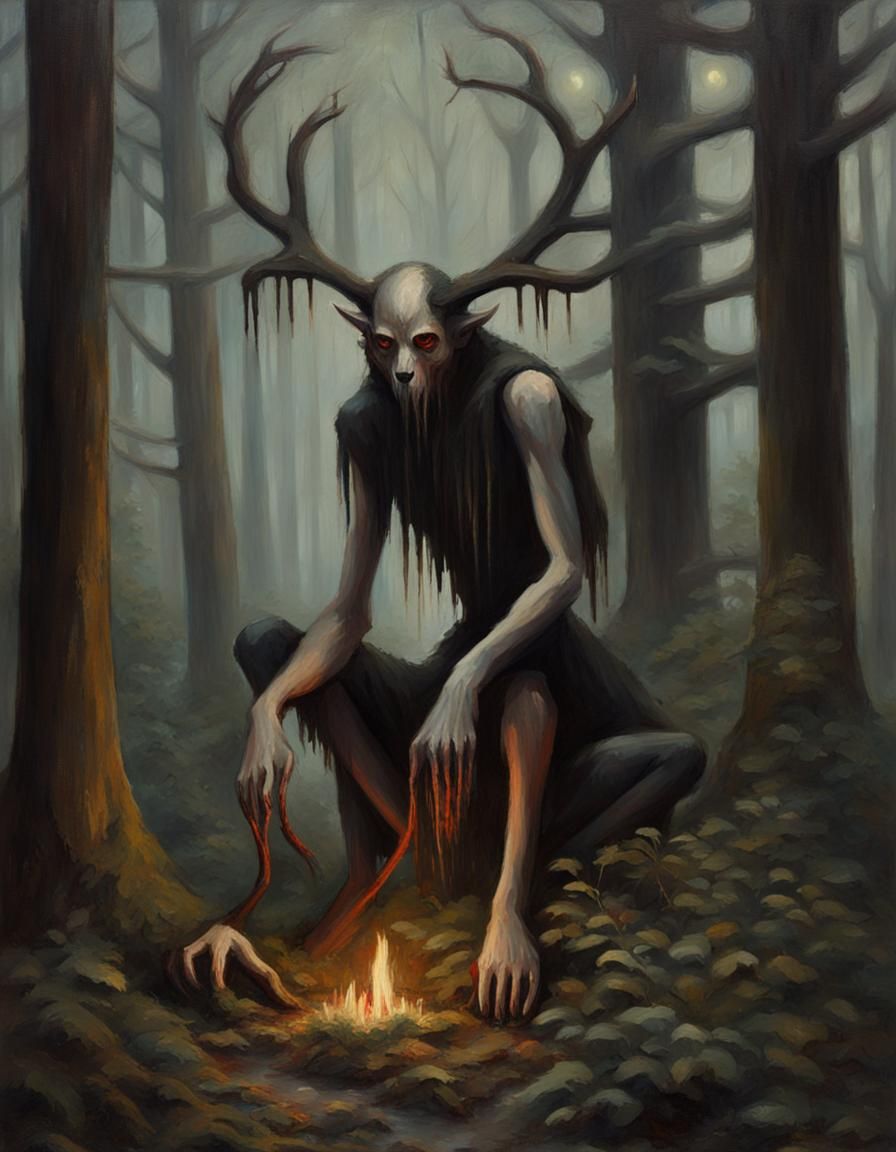A Monstrous Oil Painting of a Wendigo in a Dark Forest