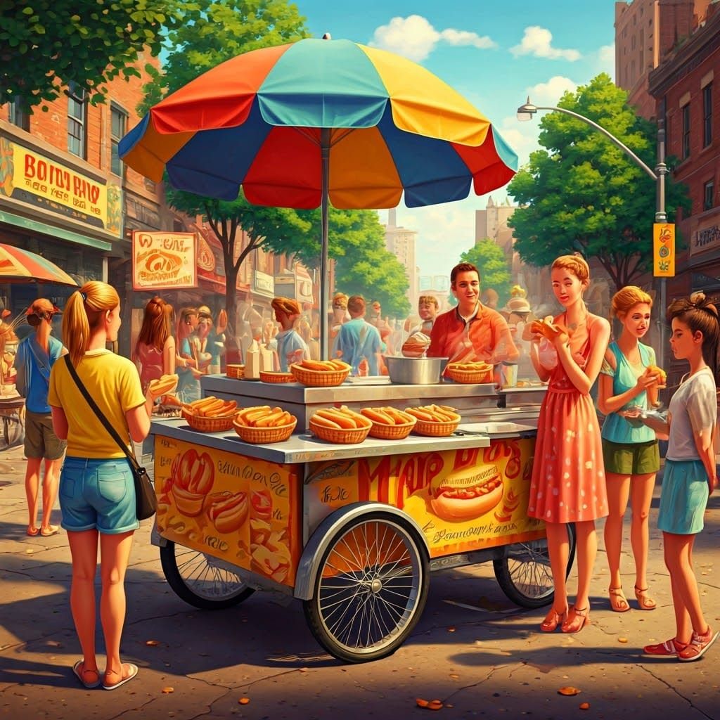 Vibrant Street Food Scene with Colorful Hot Dog Cart