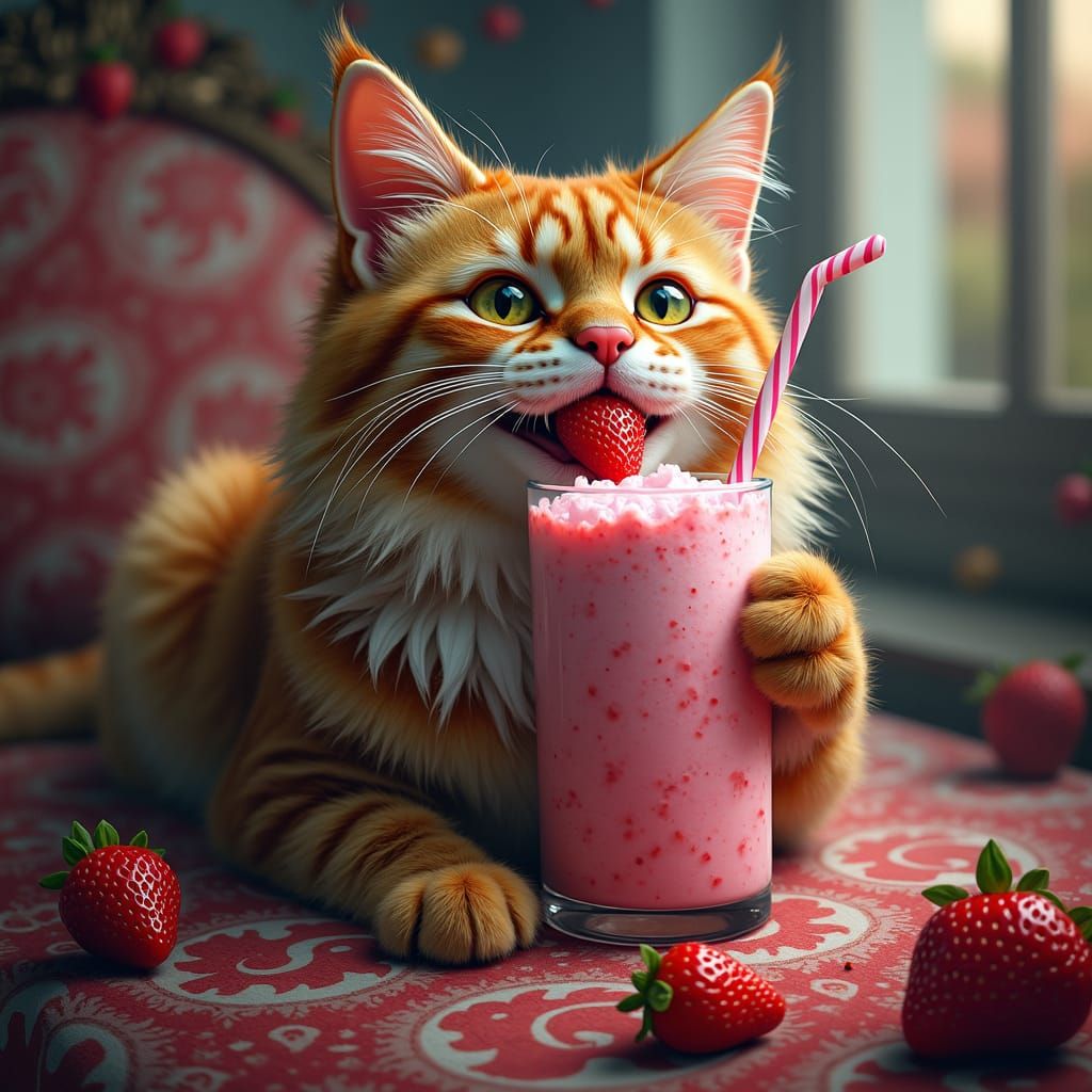 Regal Cat Savoring Strawberry Thickshake in Whimsical Fantas...
