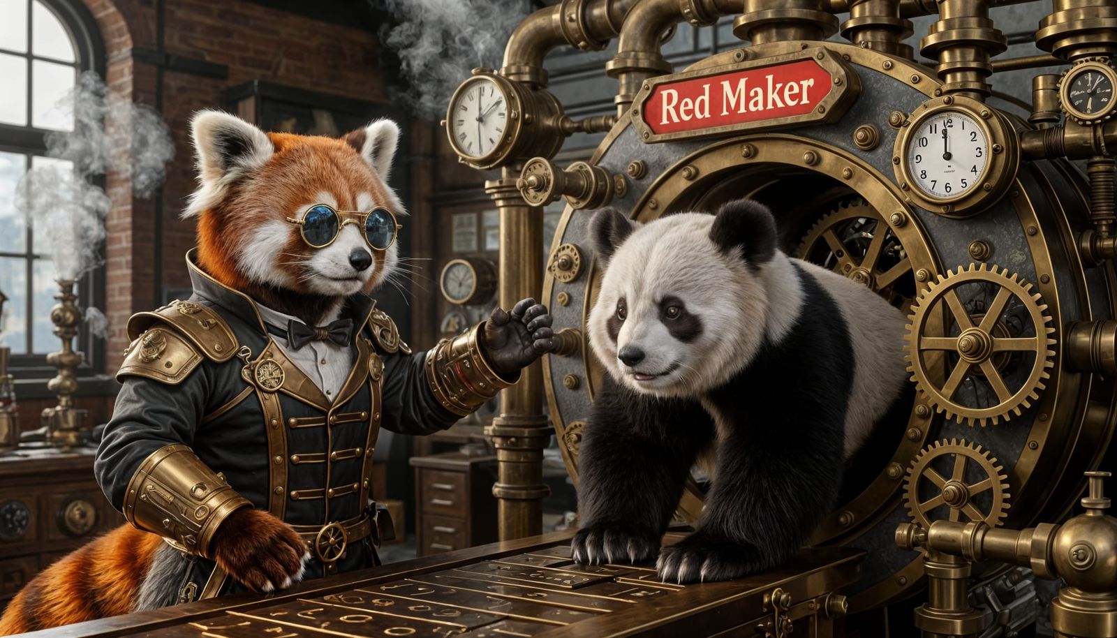 Steampunk Red Panda Scientist with Giant Panda