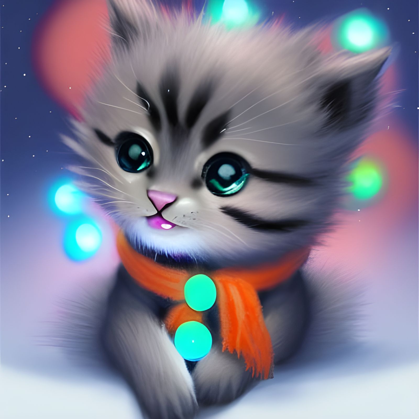 Cartoon Kitten with Scarf and Luminous Sparkles