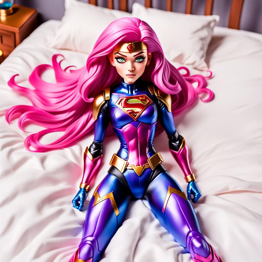 Pink Haired Superhero Action Figure Relaxing on Bed
