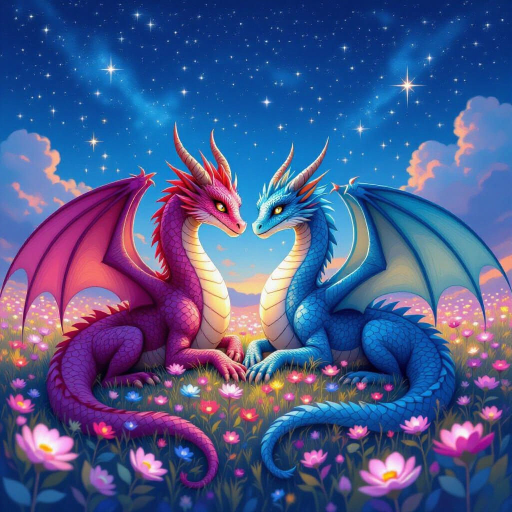 Dragons in Luminous Field, Art Nouveau Style