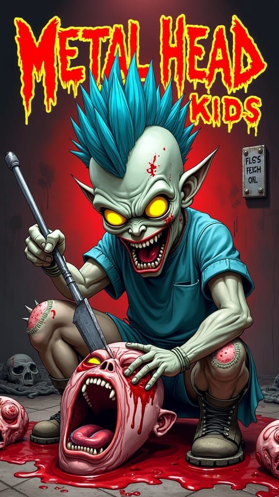 retro card 'METAL HEAD KIDS' in a jagged, blood-red banner w...