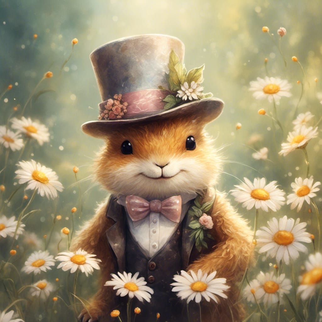 Whimsical Watercolor of a Fuzzy Creature in a Top Hat
