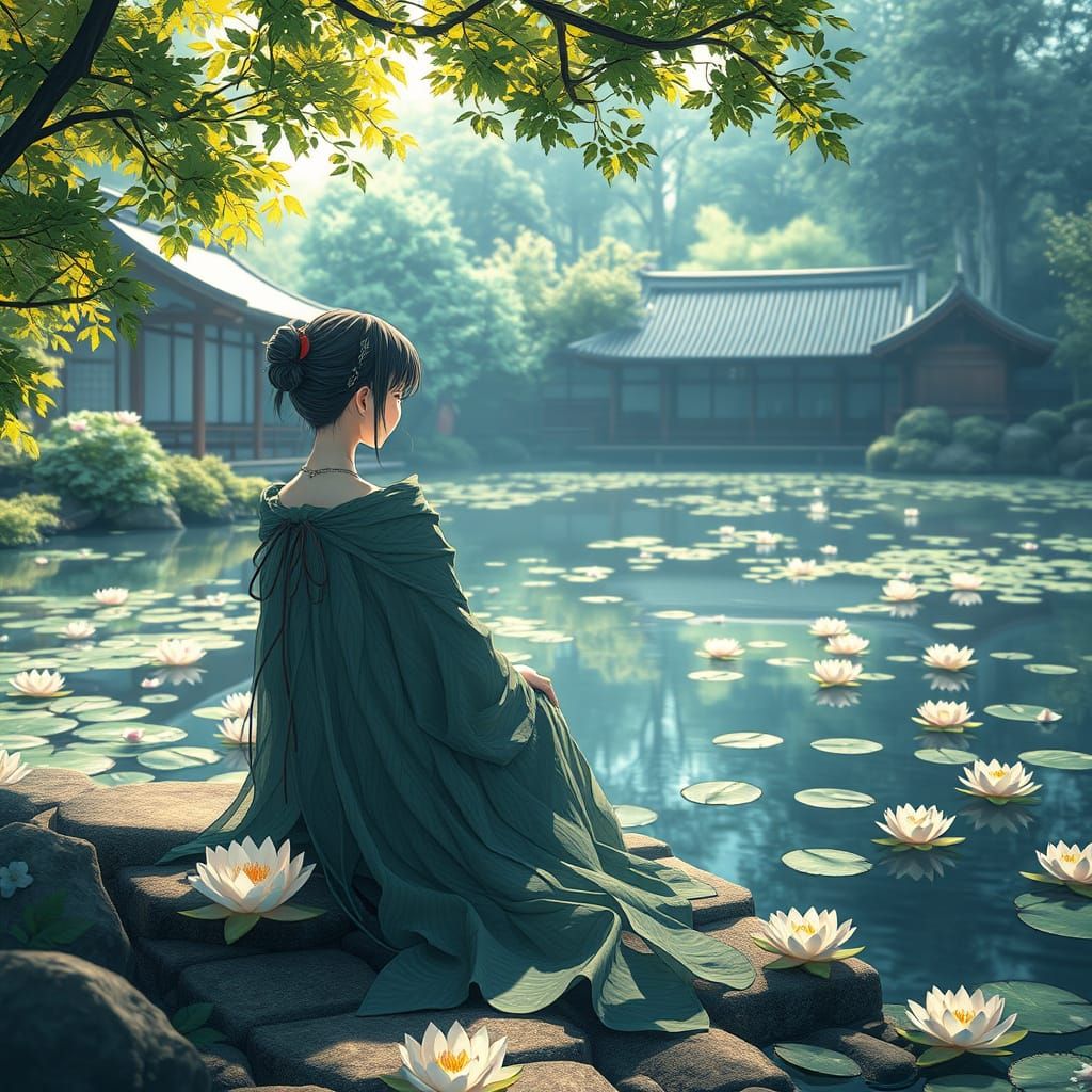 Woman in Leaf Cloak in Japanese Garden