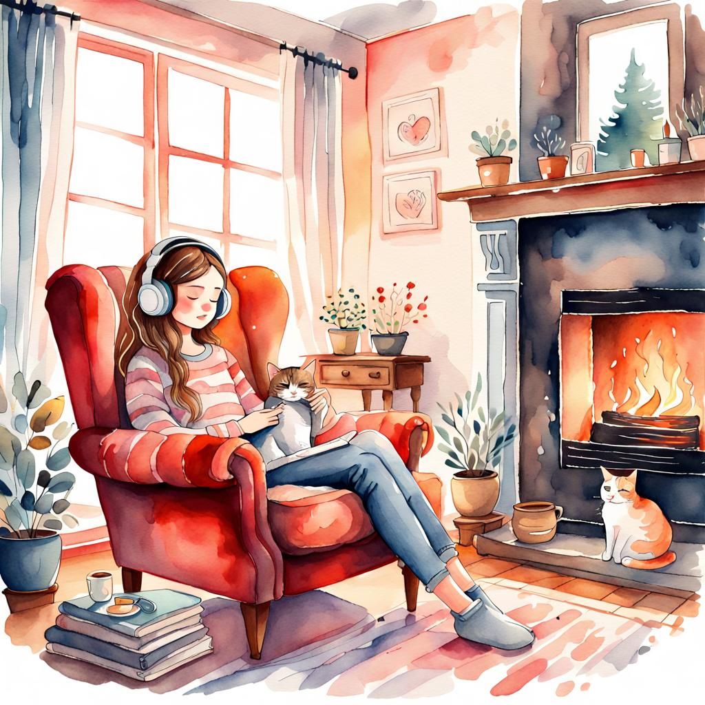 Whimsical Watercolor Evening Scene with Purring Cat