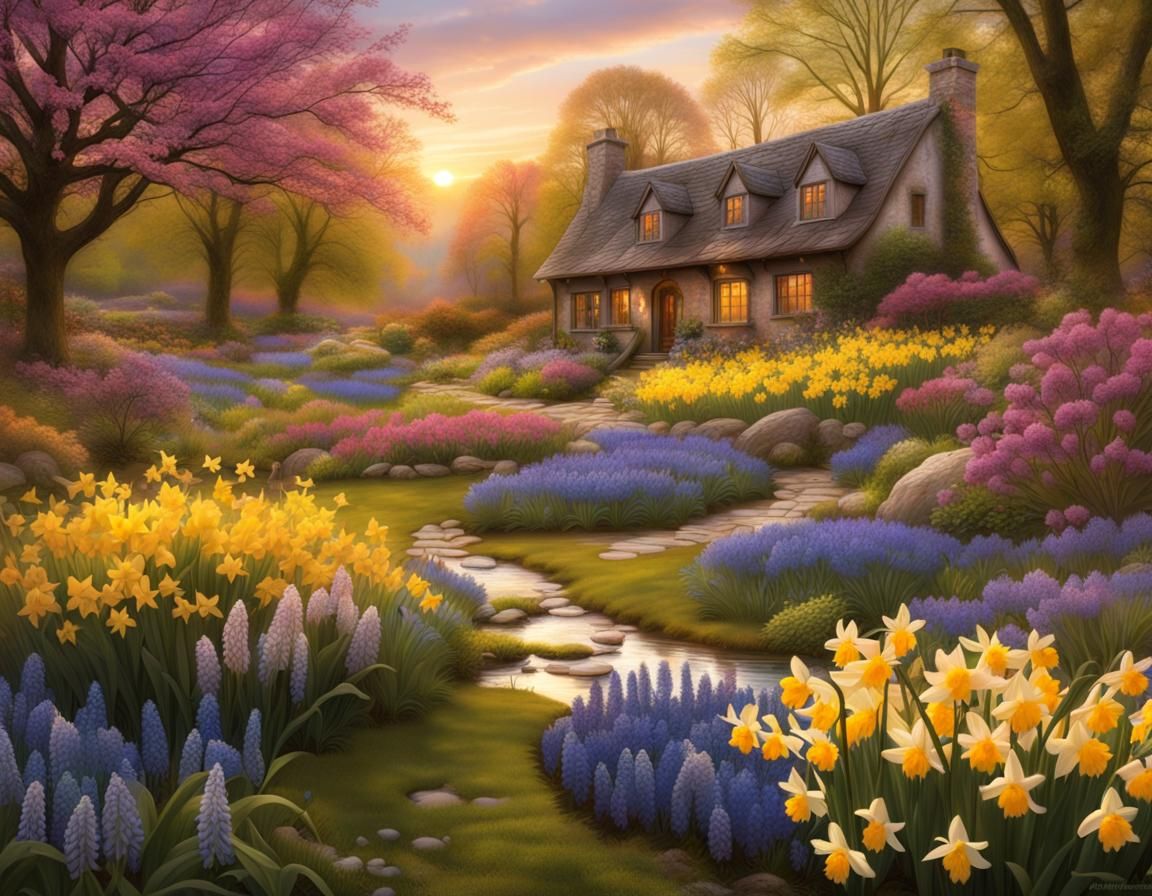 Spring Cottage Oasis in Vibrant Digital Art