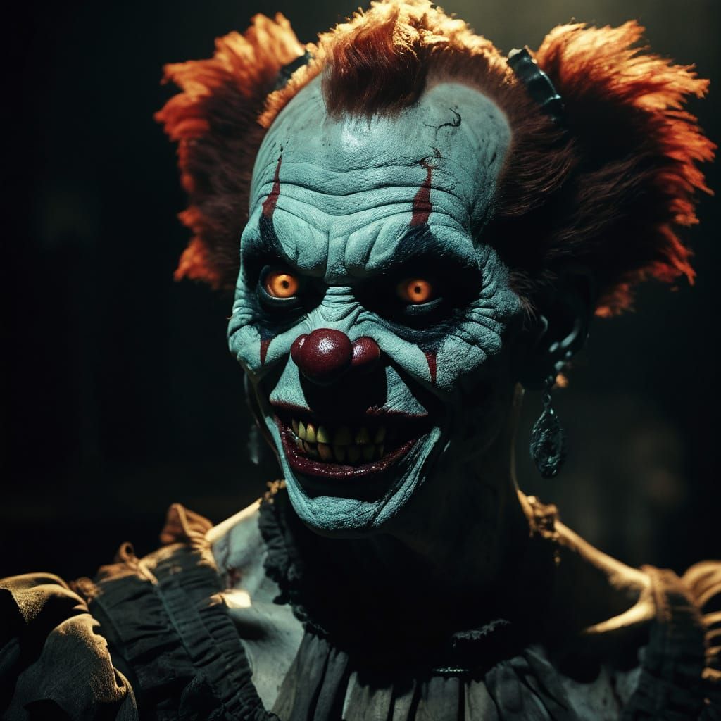 Cinematic Burlesque Clown Horror Portrait in Film Noir Style