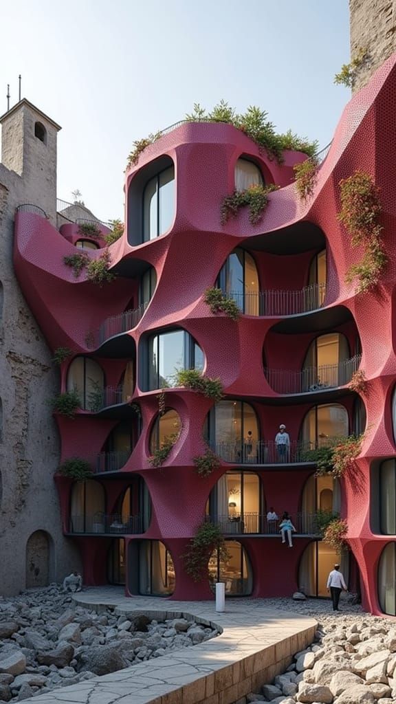 Organic Futuristic Arab Architecture with Dense Planting and...