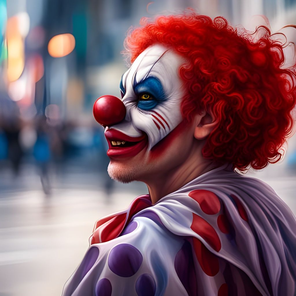Gothic Hyperrealistic Clown Portrait in Industrial Cityscape