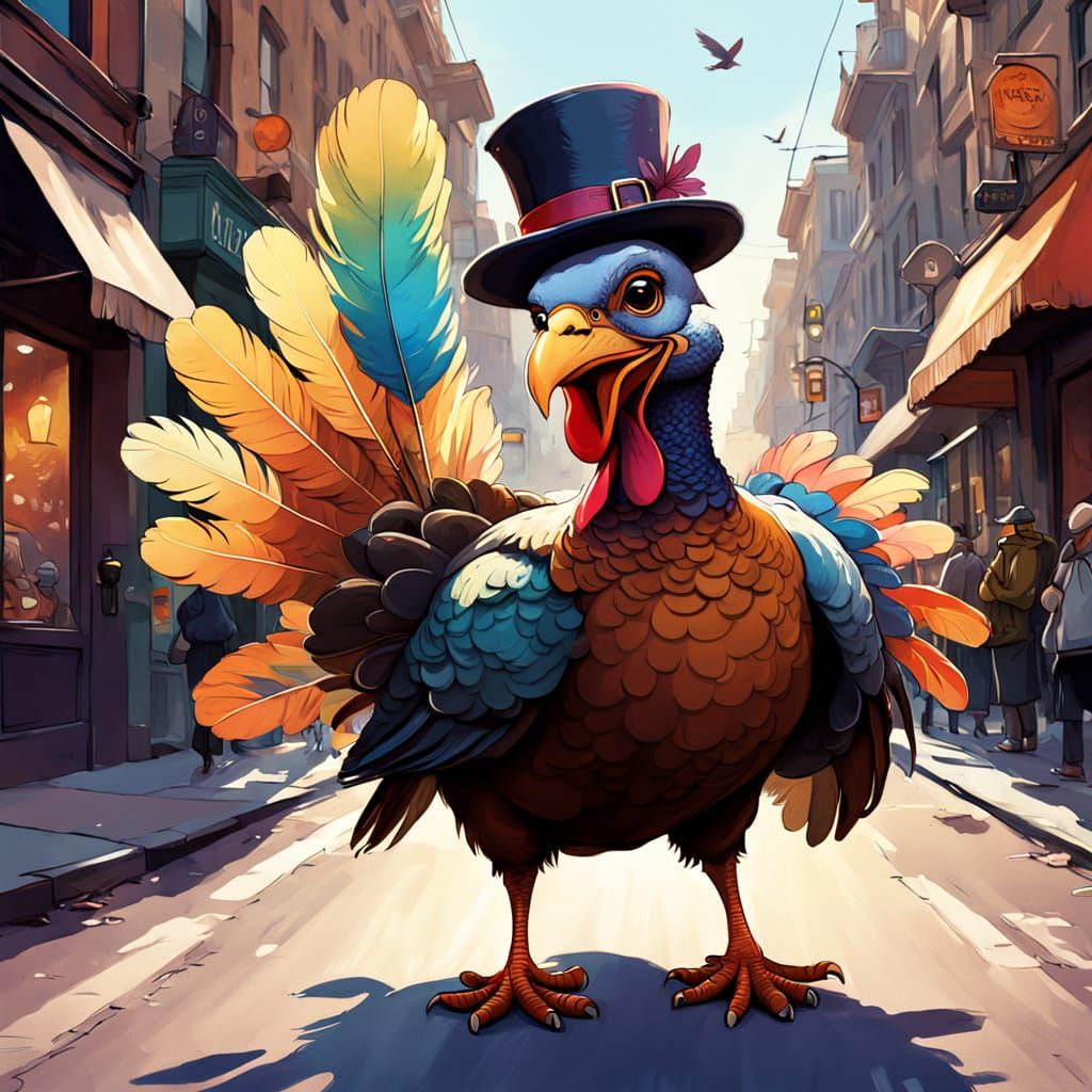 Whimsical Turkey in Hat on City Street - Cartoon Art