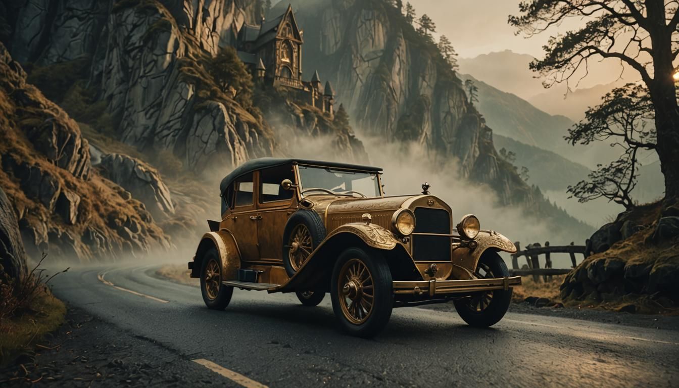 Epic Elven Car on Misty Mountain Road in Cinematic Style