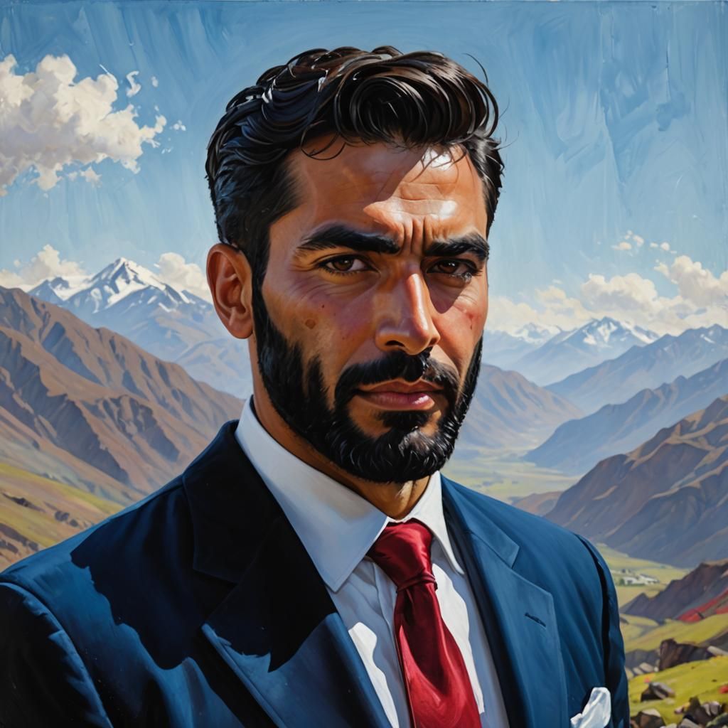 Elegant Gentleman in Blue Velvet Suit, Set Against a Mountai...