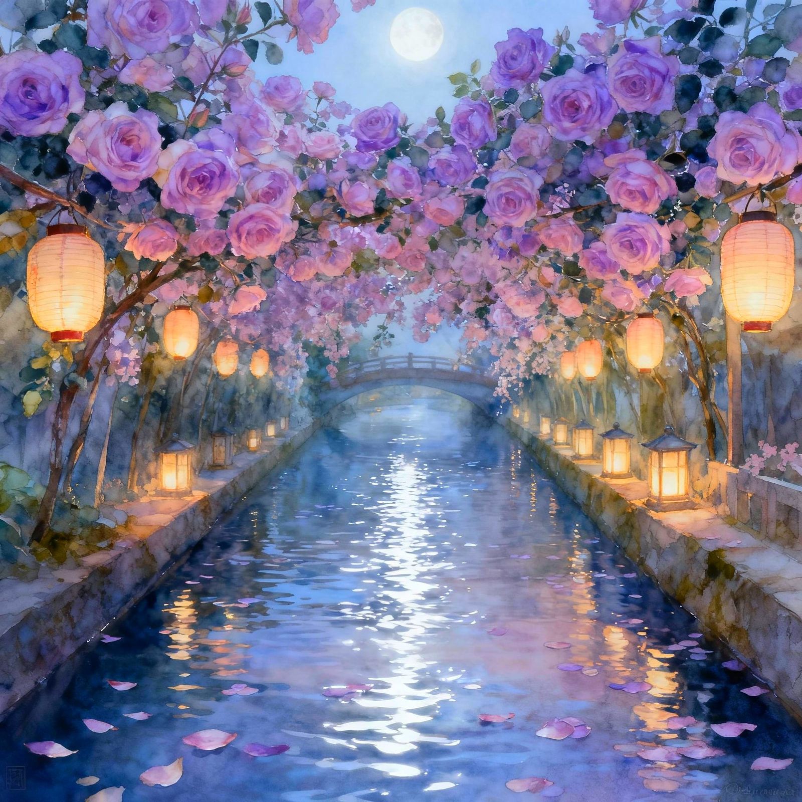 Serene Kyoto Canal with Blossom Lanterns in Watercolour