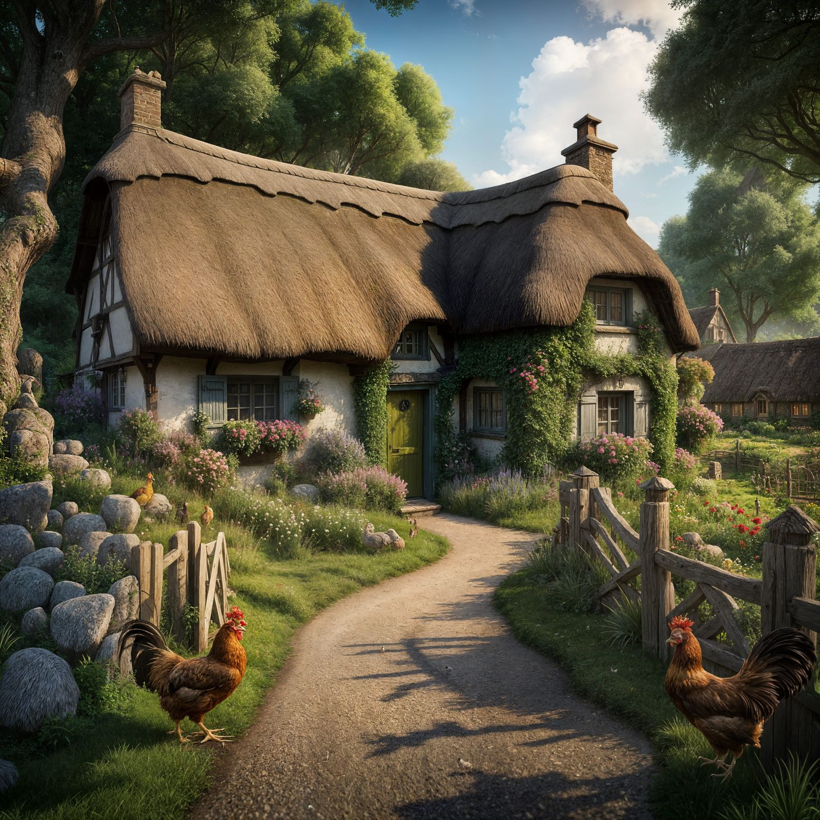 Whimsical Thatched Cottage Amidst a Vibrant Woodland Wonderl...