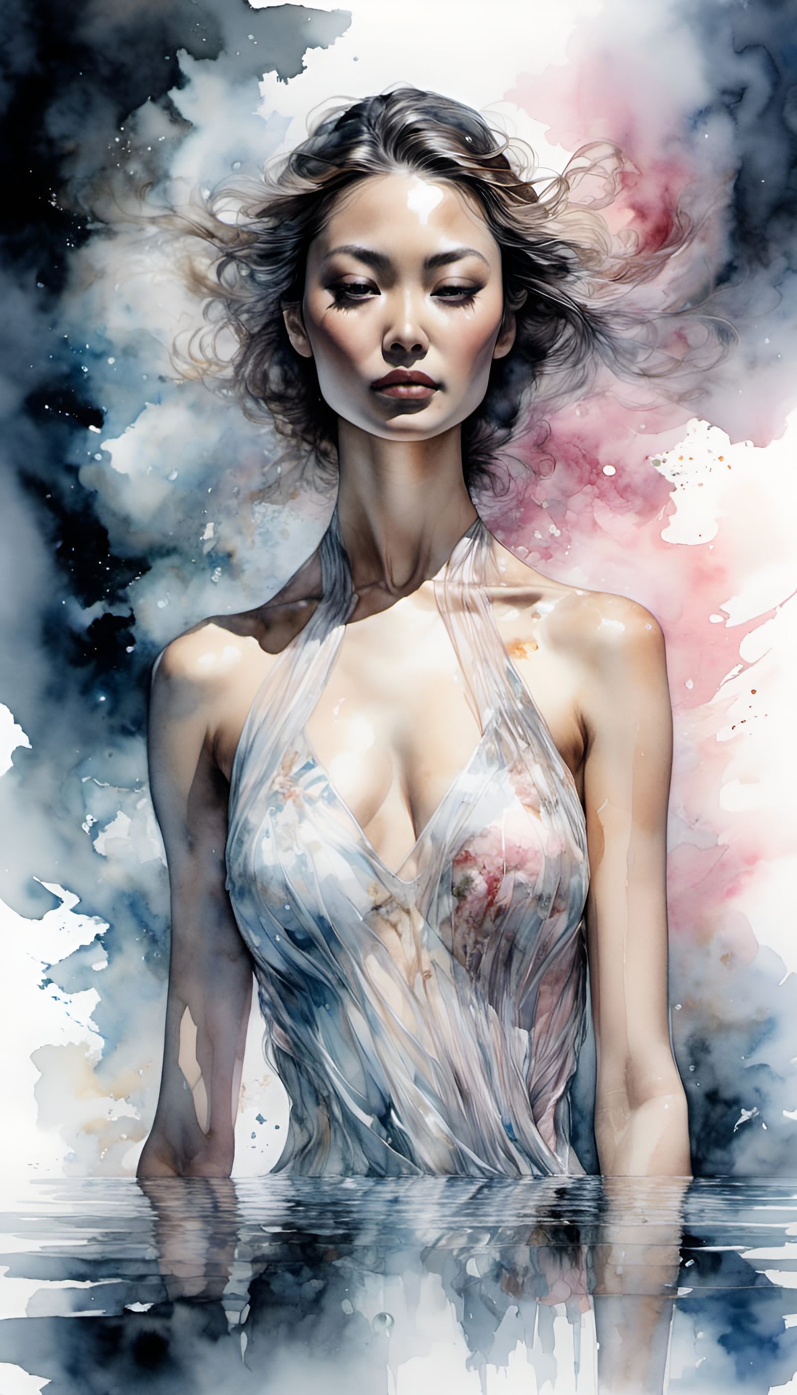 Surreal Watercolor Double Exposure Portrait of a Woman Emerg...