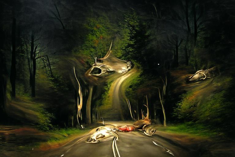 Ethereal Scene of a Dead Deer Illuminated by Car Headlights....