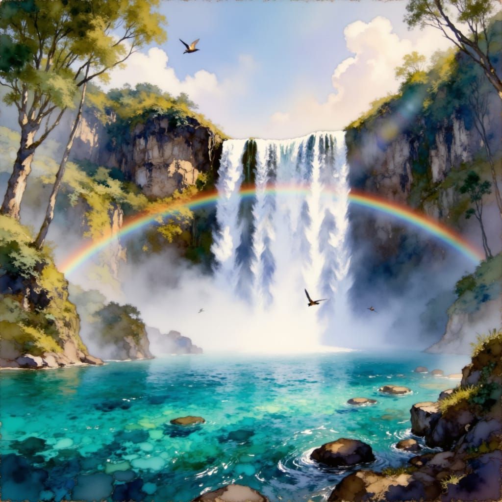 Majestic Waterfall in Lush Wilderness with Rainbows