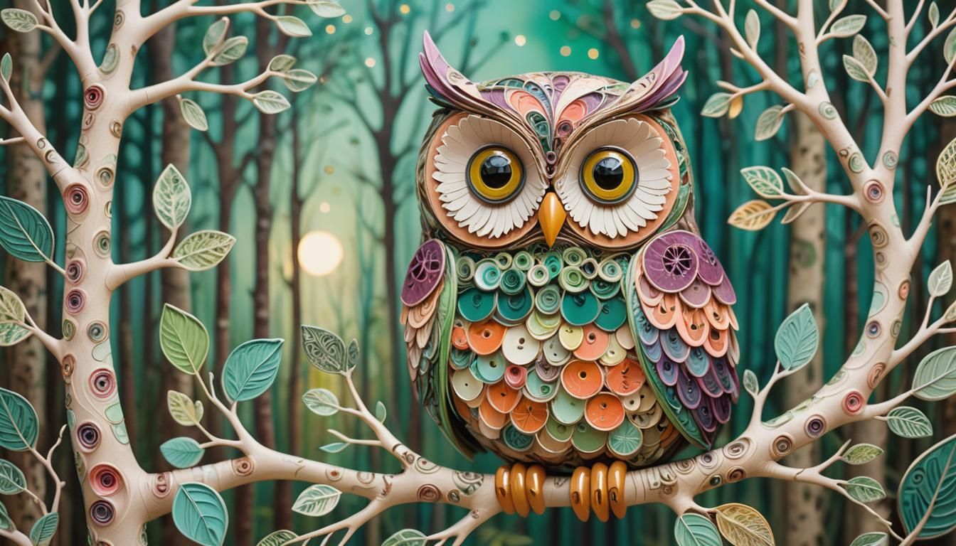 Fat Whimsical Owl in Vibrant Forest Scene