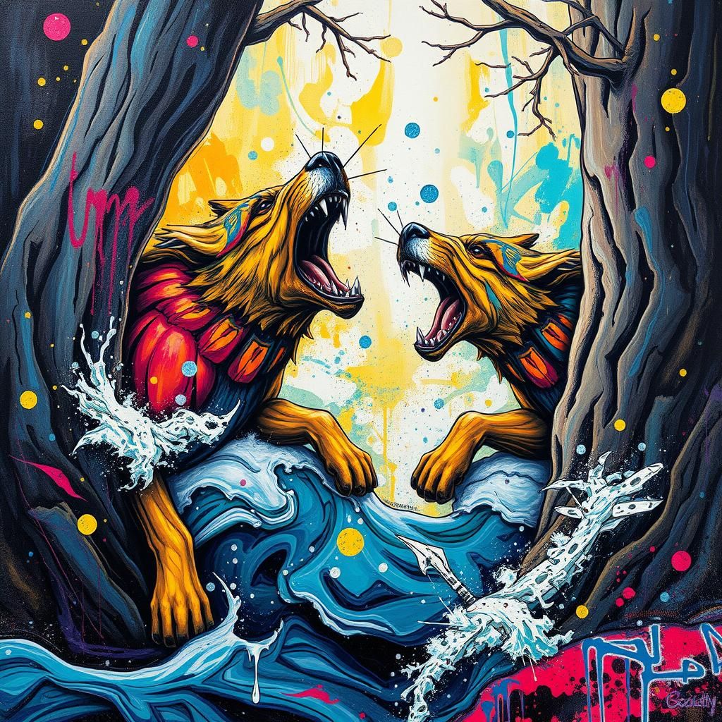 Vibrant Street Art Landscape with Hounds and Trees