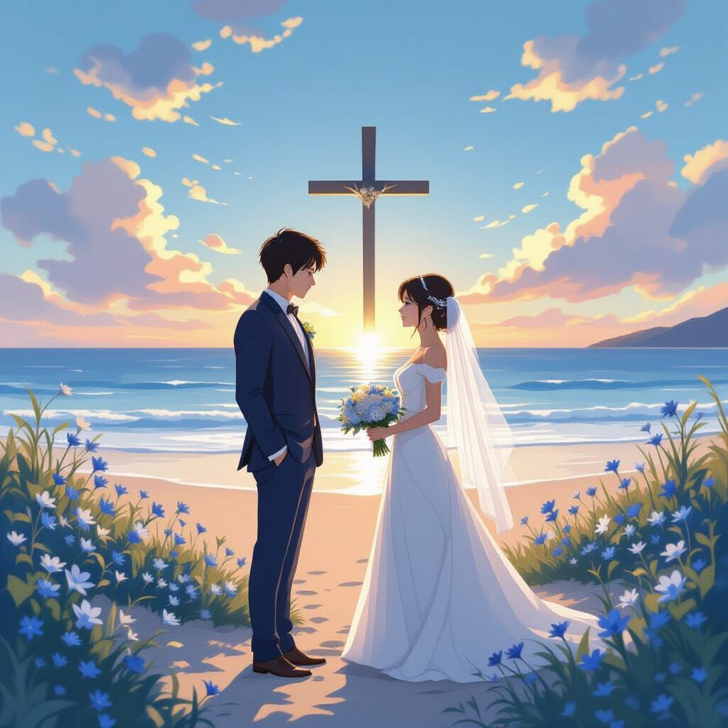 Beach Wedding with Blue Flowers in Anime Style