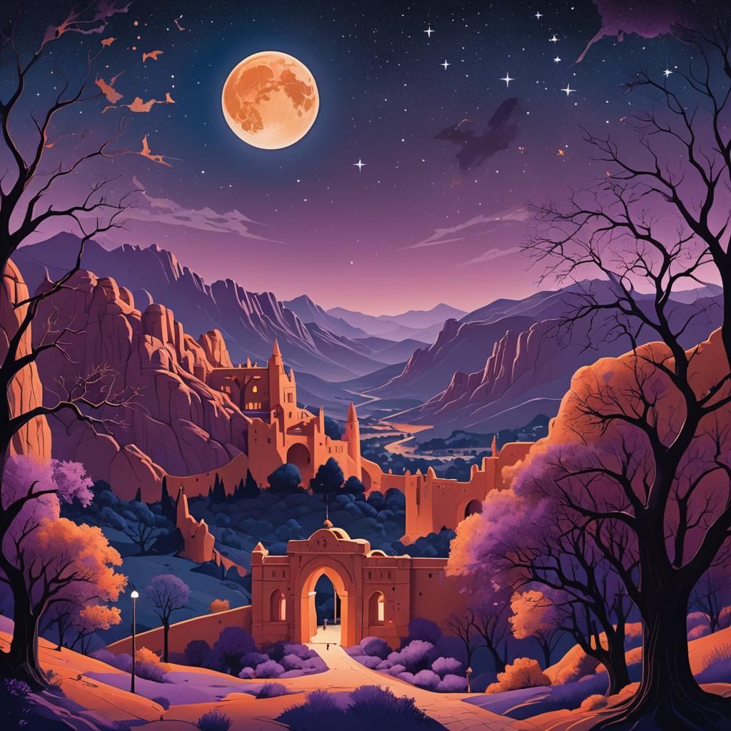 Fantastical Copper-Orange Structure Under the Night Sky in D...