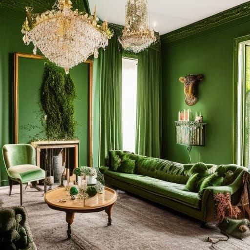 Ethereal earthy moss living room with lots of plants& emerald green gothic furniture& Emerald green Wiccan tapestries&cr...